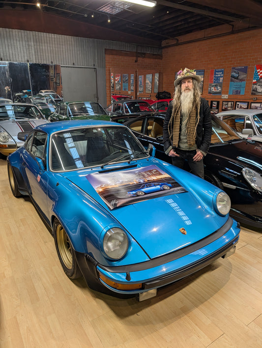Signed by Magnus Walker and Larry Chen Porsche 930 Turbo at night W/ Downtown LA in the background